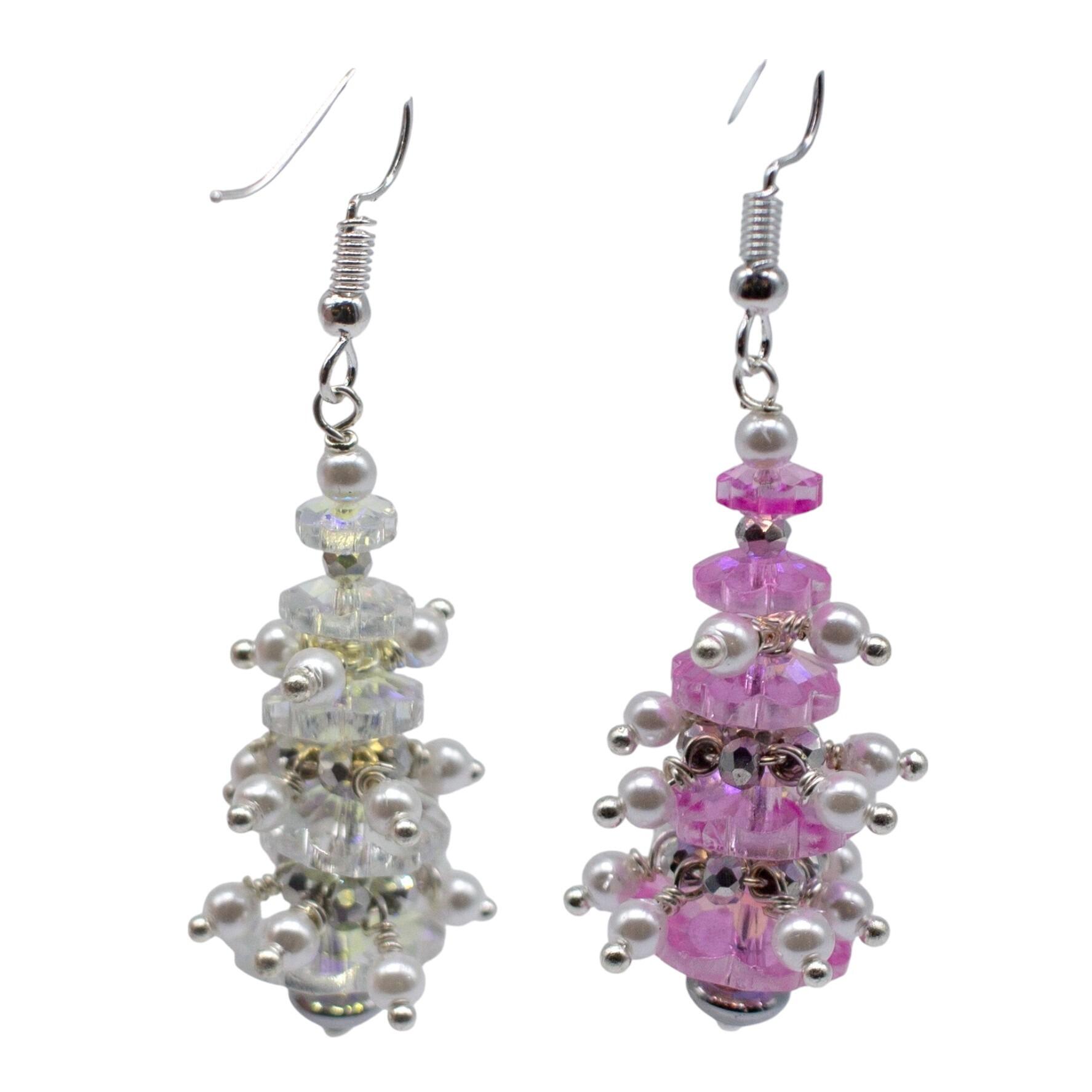 Christmas Tree Earrings with Baubles 2 Pairs ab & pink earring making kit — DIY set with beads and instructions for creating handmade jew…