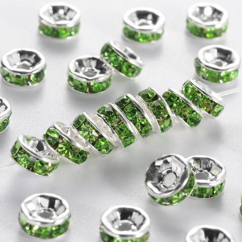 Diamante Spacer Rondelle Beads 6mm Silver Peridot 25pc 25 Pieces for jewellery making