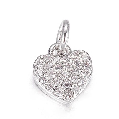 Brass CZ Heart Charm 8mm Rhodium 1pc for jewellery making