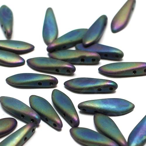 5x16mm Czech glass glass beads matte iris green — high-quality two-hole beads ideal for jewelry making, bead weaving, and crafts