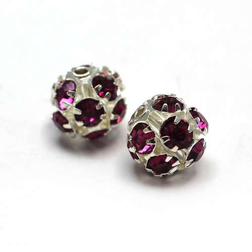 Crystal Diamante Silver Plated Spacer Round 10mm - Fuscia