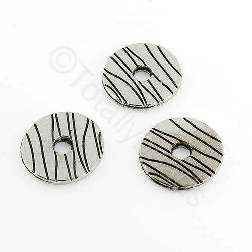 Antique Silver Metal Bead - Striped Disc 14mm 15pcs