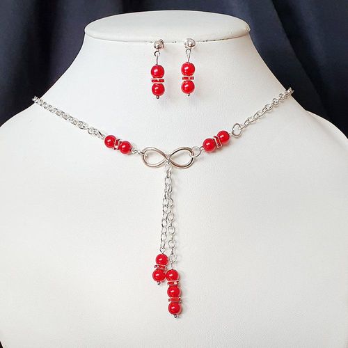 Infinity Bow Necklace & Earrings Makes 2 red necklace making kit — DIY set with beads and instructions for creating handmade jewelry