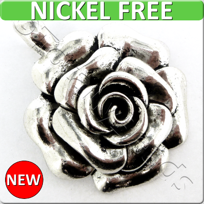 Antique Silver Metal Pendant - Rose 47mm