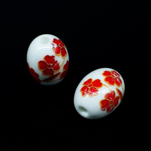 Porcelain Handmade 18mm Oval Bead Red Flower for jewellery making