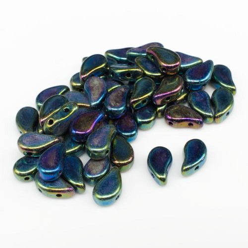 8x5mm 10g Czech glass Rulla beads jet green iris — two-hole beads for jewelry making and bead weaving