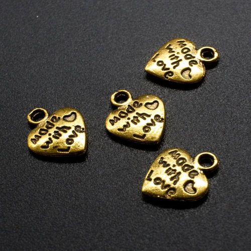 Antique Gold Metal Charm Made with Love Heart 10mm 25pcs for jewellery making
