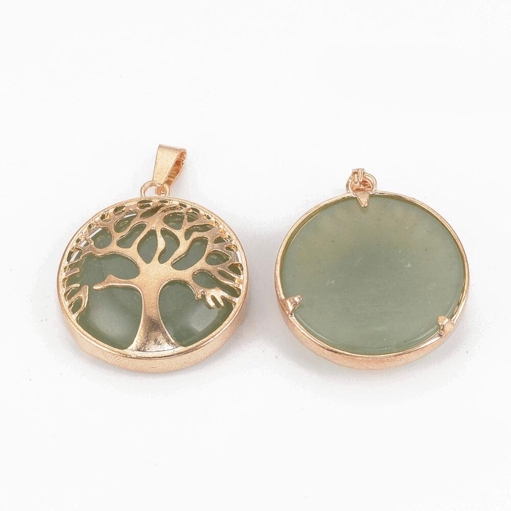 Tree of Life Gold Pendant with Green Aventurine Gemstone 27mm for jewellery making