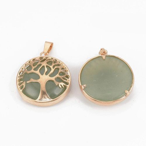 Tree of Life Gold Pendant with Green Aventurine Gemstone 27mm for jewellery making