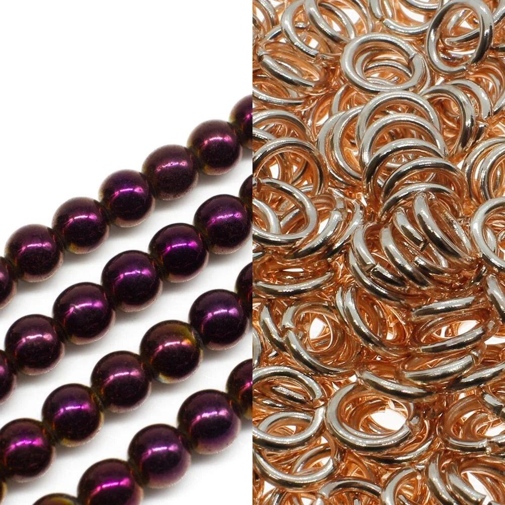Hematite Double Row Chainmaille rose purple jewelry making kit — DIY set with beads and instructions for creating handmade jewelry
