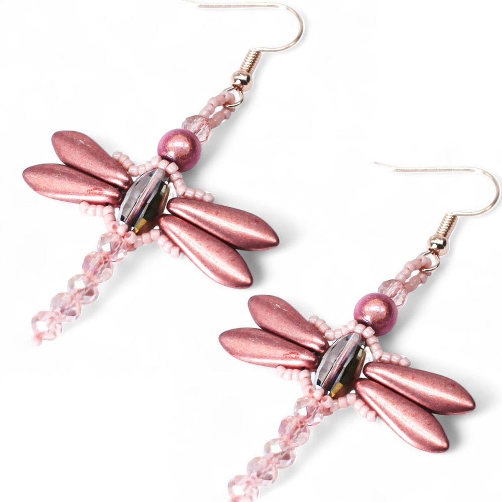 Crystal Dragonfly Earrings Kit met pink earring making kit — DIY set with beads and instructions for creating handmade jewelry