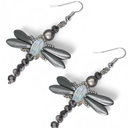 Crystal Dragonfly Earrings Kit pearl beige earring making kit — DIY set with beads and instructions for creating handmade jewelry