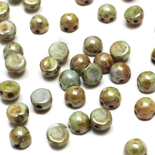 7mm Czech glass glass beads opq. luster green — pack of 25, high-quality two-hole beads ideal for jewelry making, bead weaving, and crafts