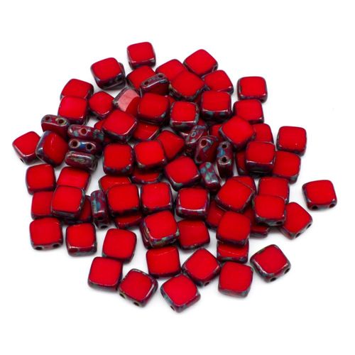 6mm Czech glass glass beads opq. red picasso — pack of 25, high-quality two-hole beads ideal for jewelry making, bead weaving, and crafts