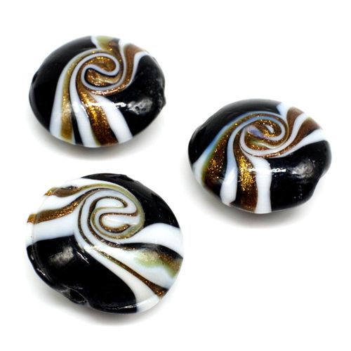 Lampwork Glass Bead Black & Gold Swirl Disc 20mm 1pc for jewellery making