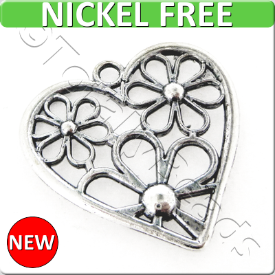 Antique Silver Metal Pendant - Flower Heart 29mm 8pcs