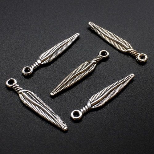 Antique Silver Metal Charm Long Leaf 28mm 10pcs for jewellery making
