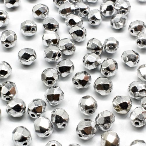 6mm Czech glass fire polished faceted beads silver — pack of 50, high-quality faceted beads perfect for jewelry making and beadwork projects