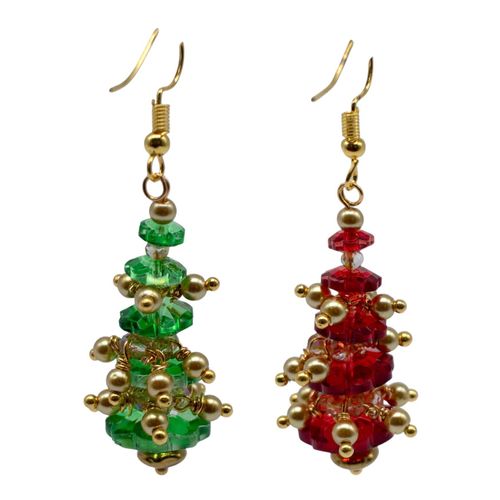 Christmas Tree Earrings with Baubles 2 Pairs green & red earring making kit — DIY set with beads and instructions for creating handmade j…