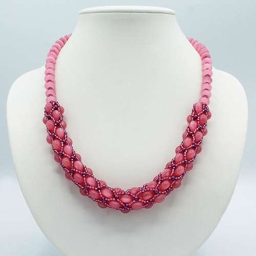 Cateye Tubular Netting Necklace light pink necklace making kit — DIY set with beads and instructions for creating handmade jewelry