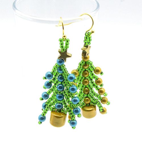 Christmas Tree Earrings Makes 6 golden chill earring making kit — DIY set with beads and instructions for creating handmade jewelry
