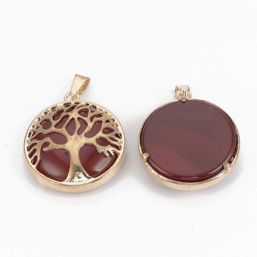 Tree of Life Gold Pendant with Carnelian Gemstone 27mm for jewellery making