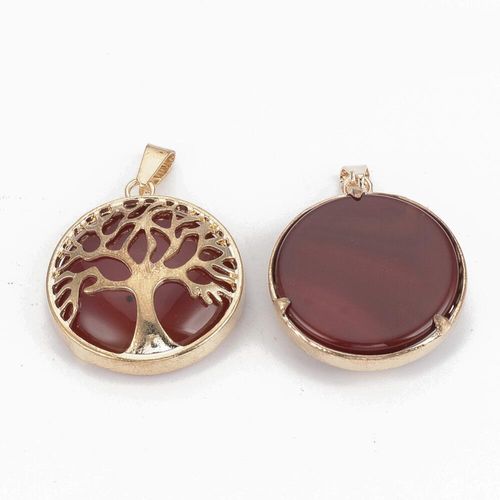 Tree of Life Gold Pendant with Carnelian Gemstone 27mm for jewellery making