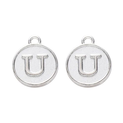 Disc Letter Charm Rhodium 12mm U for jewellery making