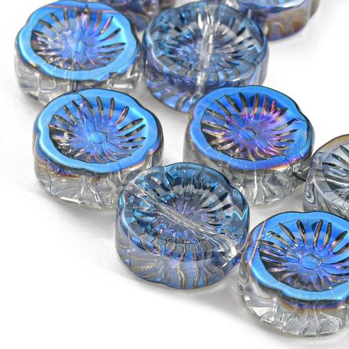 Glass Flower Beads 14mm Coin 10pcs Rainbow Blue for jewellery making