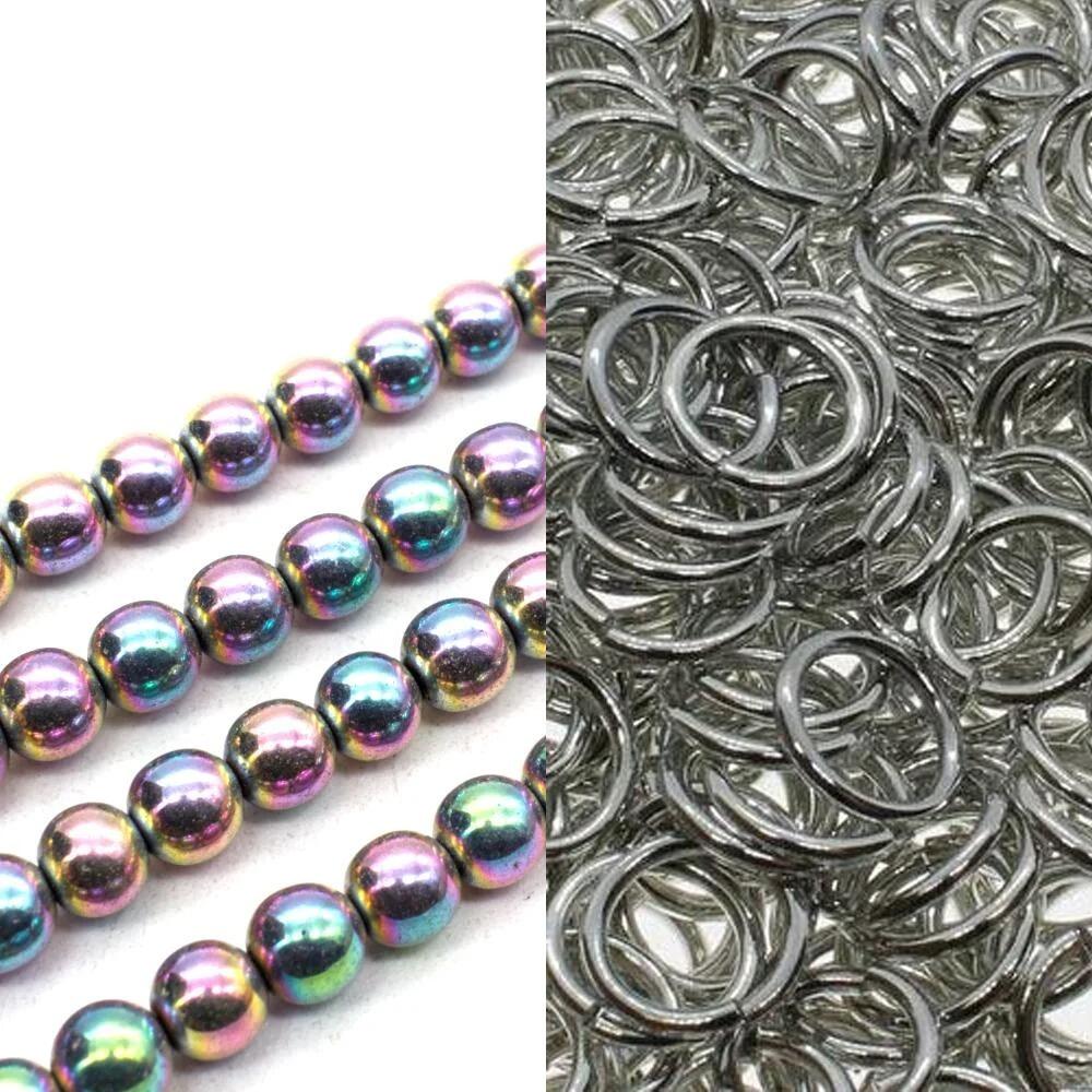 Hematite Double Row Chainmaille rhodium silver pink jewelry making kit — DIY set with beads and instructions for creating handmade jewelry