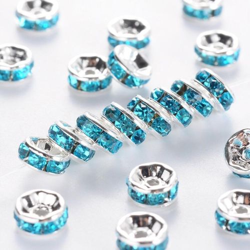 Diamante Spacer Rondelle Beads 6mm Silver Aquamarine 25pc 25 Pieces for jewellery making