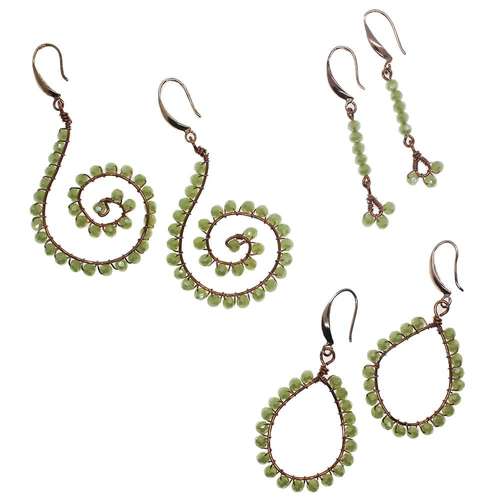 Wire Wrapped Shaped Earrings bundle green/champagne earring making kit — DIY set with beads and instructions for creating handmade jewelry