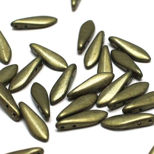 5x16mm Czech glass glass beads metallic golden lime — high-quality two-hole beads ideal for jewelry making, bead weaving, and crafts
