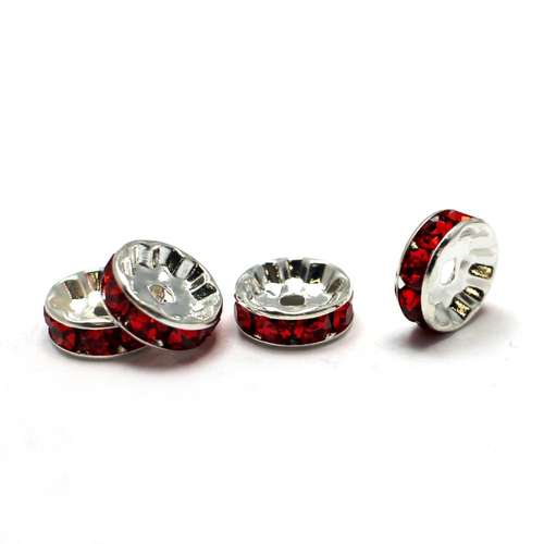 Crystal Diamante Silver Spacer Flat Rondelle - 10mm - Red