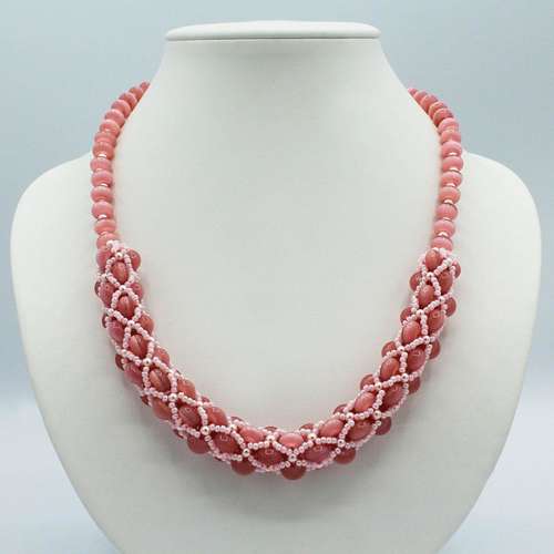 Cateye Tubular Netting Necklace salmon pink necklace making kit — DIY set with beads and instructions for creating handmade jewelry
