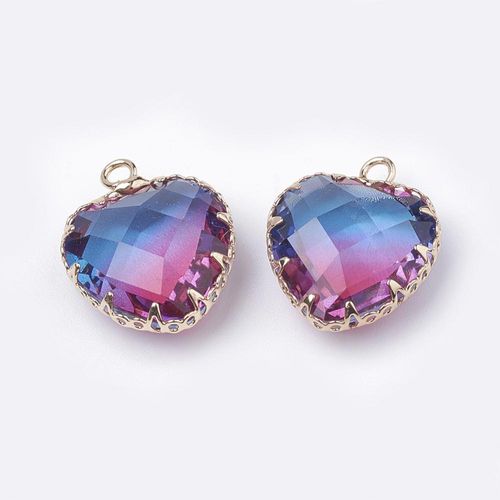 Facet Glass Heart Pendant with Gold Frame 16mm Purple Pink for jewellery making