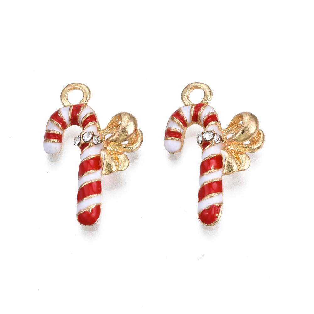 Enamel Christmas Gold Charm Candy Cane Red with CZ 2pc 22 x 14mm for jewellery making
