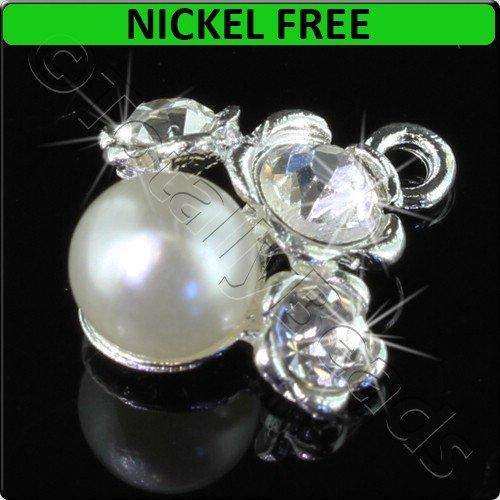 Silver Metal Charm 3 Flowers Crystal & Pearl 17x20mm 3pcs