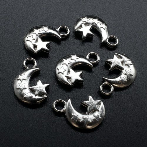 Antique Silver Metal Charm Moon Star 15mm 8pc 8 Pieces for jewellery making