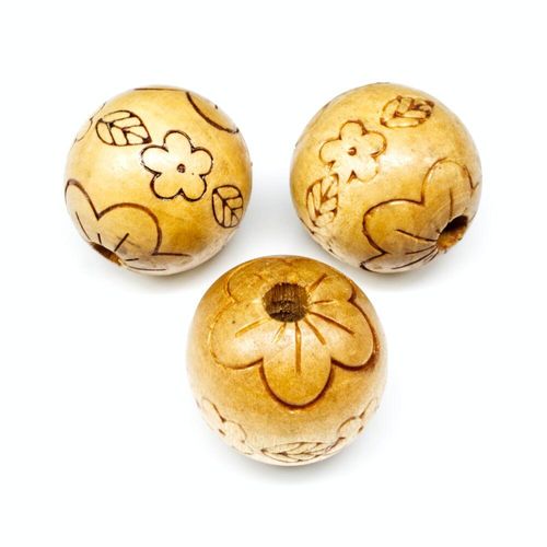Wooden Bead Round 27mm Natural Flower Pattern 4pc 4 Pieces for jewellery making