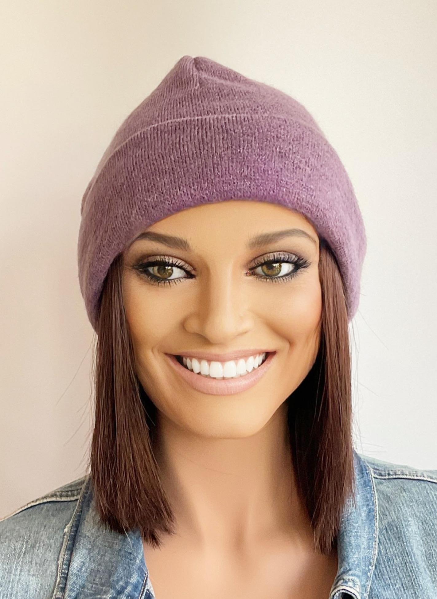 Winter dusky lilac Beanie With Short Hair Attached