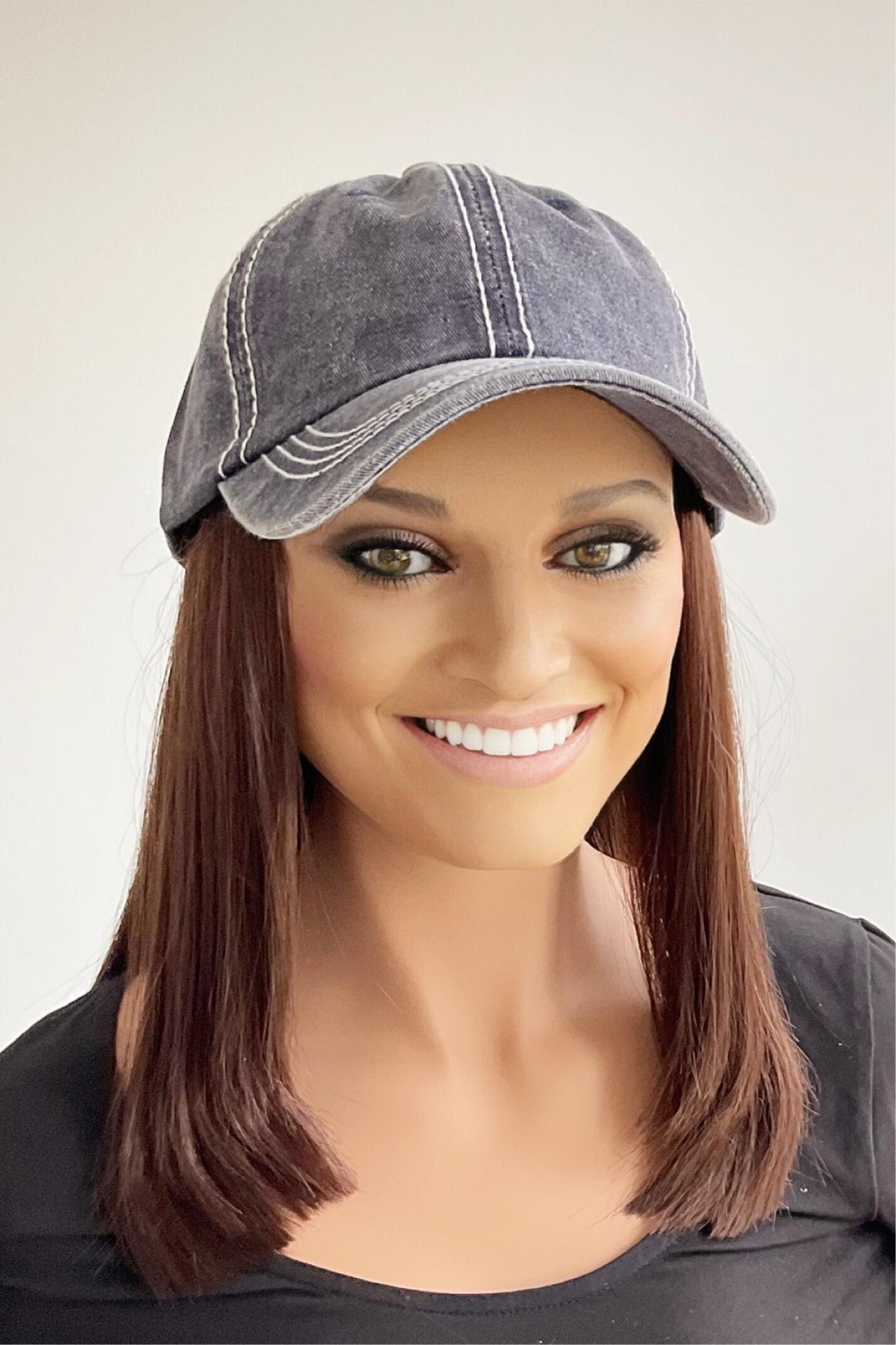 Denim baseball cap with medium length hair attached