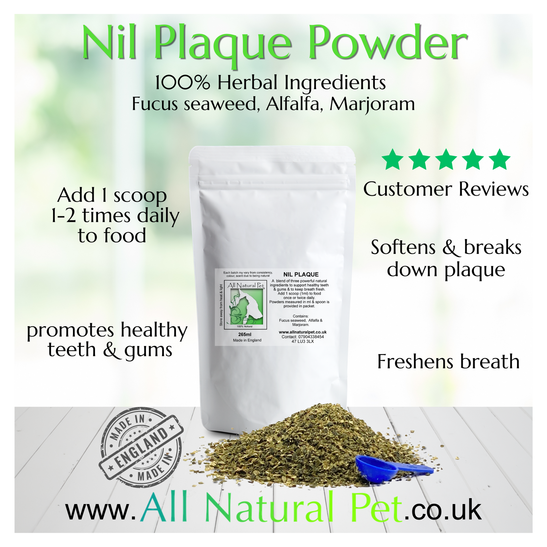 White matt stand up pouch, with white green label with a pile of herbs in front with a small blue scoop.