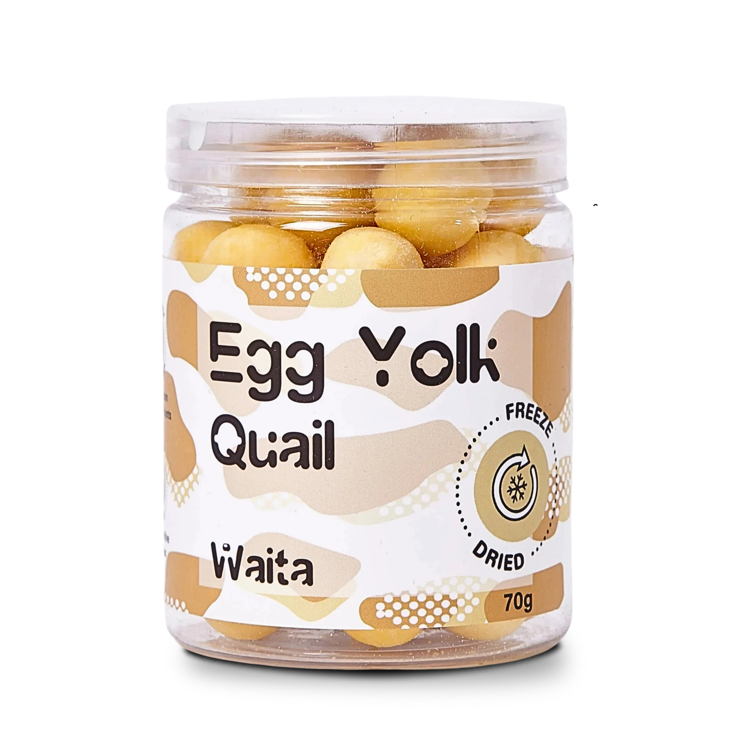 70g round tub with lid of high protein Freeze Dried Quail egg treats for pets