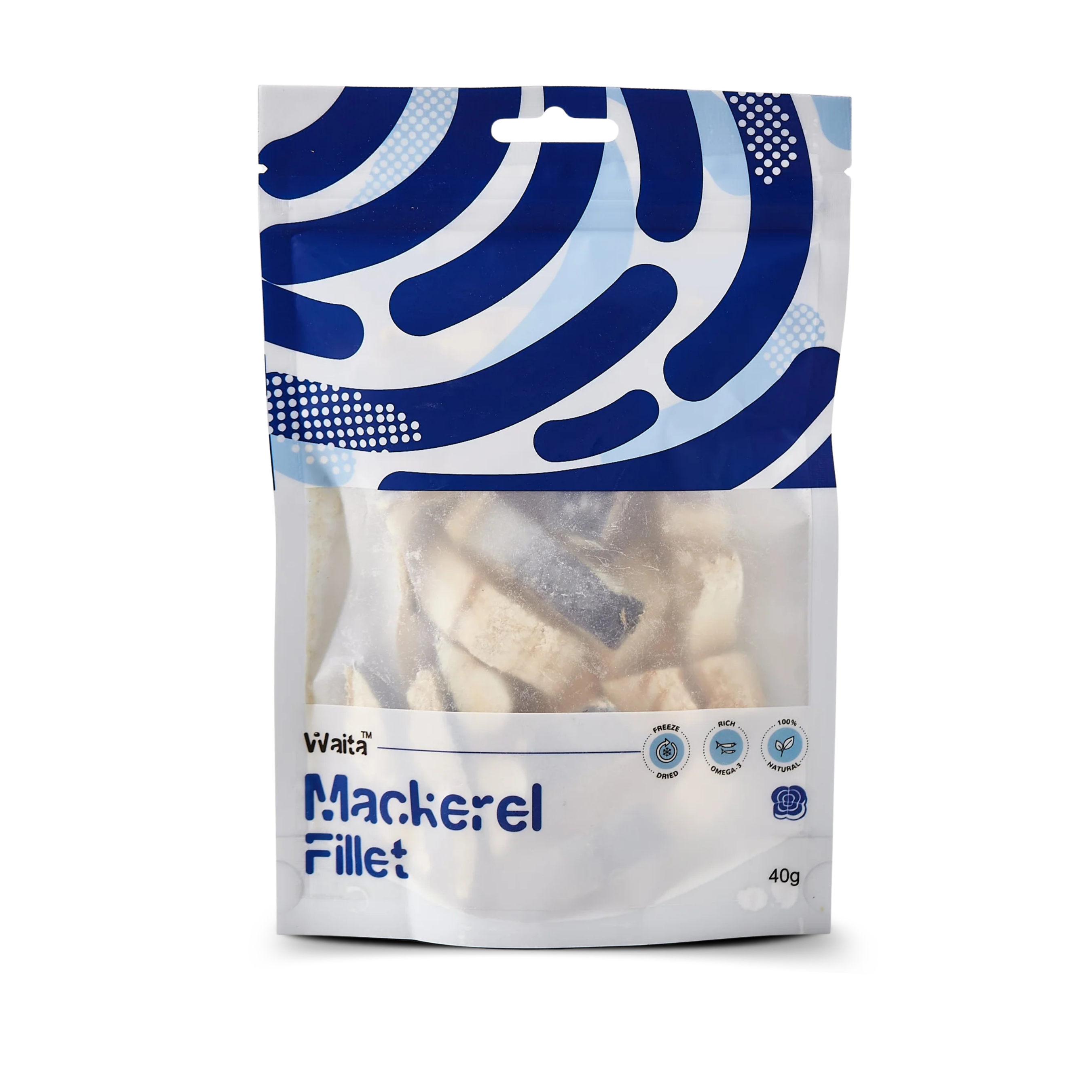 Freeze dried high protein pet Mackerel fish fillet treats in a resealable pouch