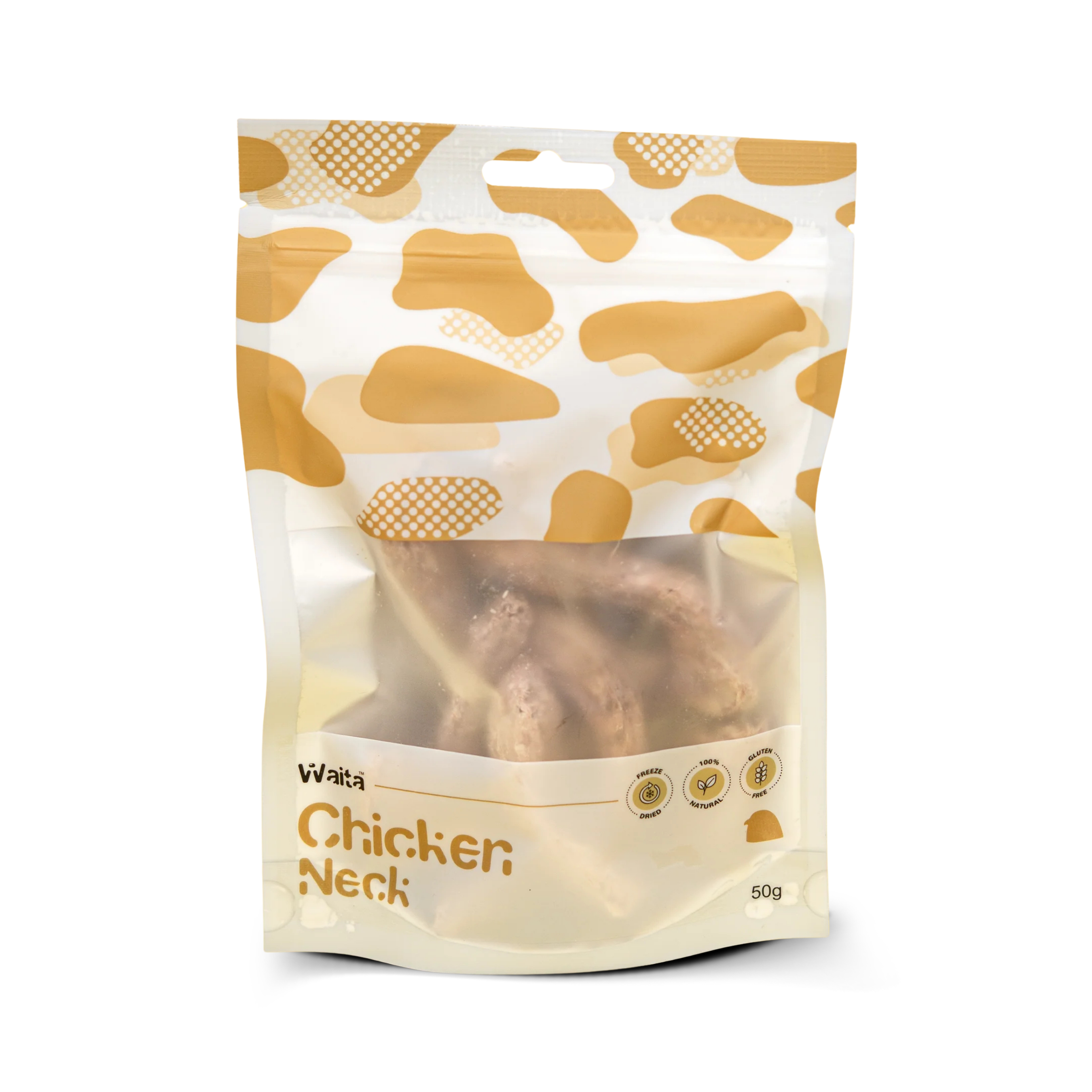 Freeze dried natural crunchy chicken neck treats in a pouch for pets