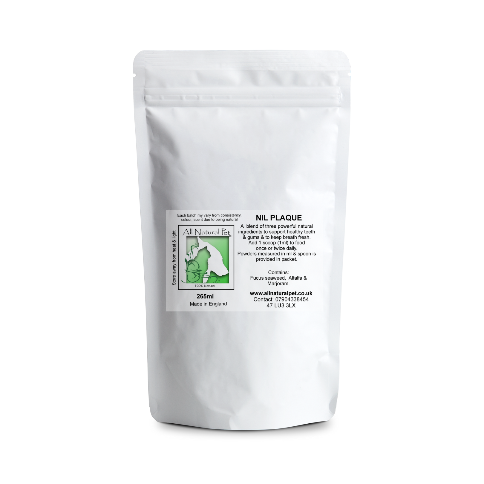 White matt stand up pouch, with white green label