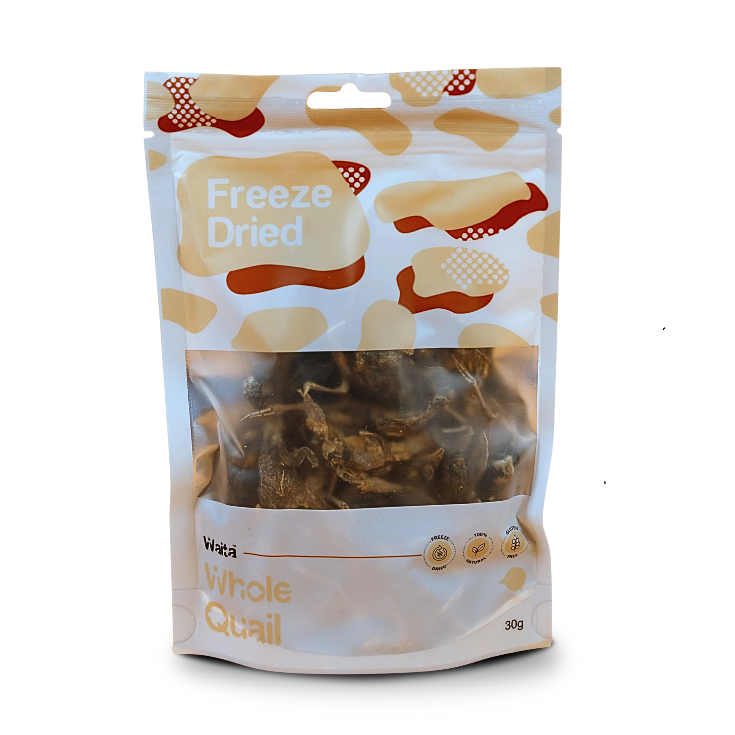 Multiple Natural freeze dried whole quails pet treats in a resealable pouch