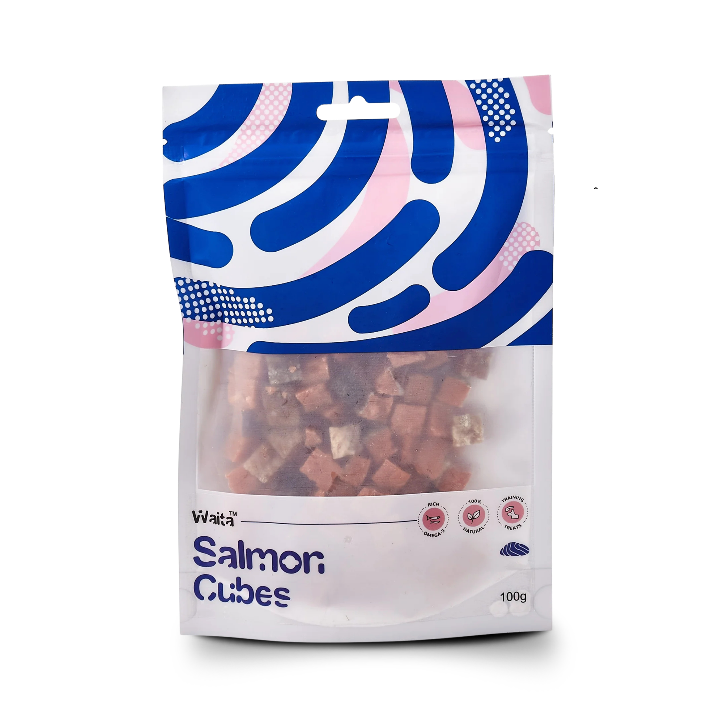 100g bag of 100% natural air-dried Salmon cubes for pets, crunchy treats made from Salmon