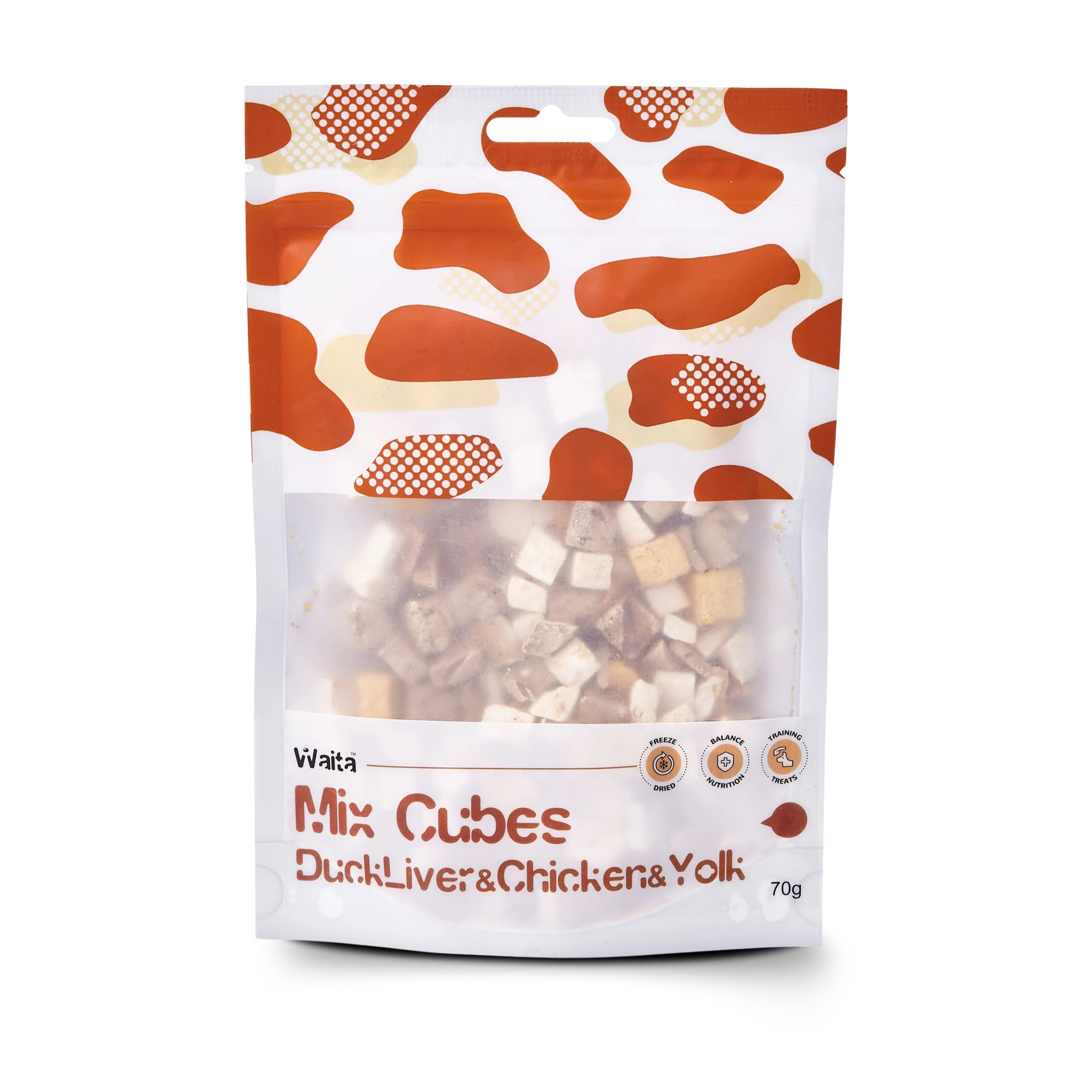 70g pouch of mixed pet treats of Freeze dried Chicken cubes, Duck liver & Egg yolk cubes